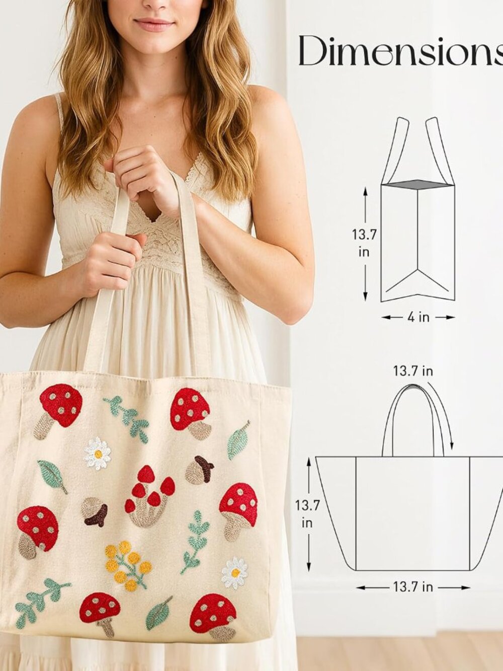 Embroidery Tote Bag with Pocket & Buckle - Reusable Canvas Tote for Women Cute A - Picture 2 of 6